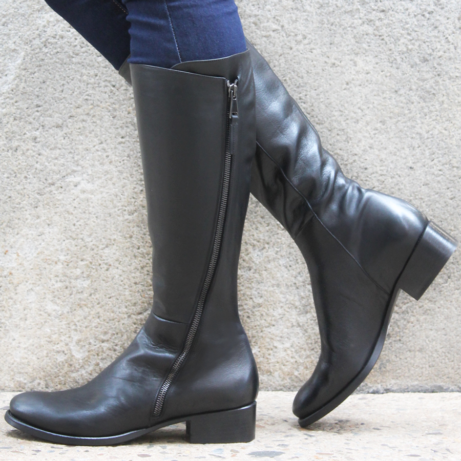 black flat knee high boots with zipper