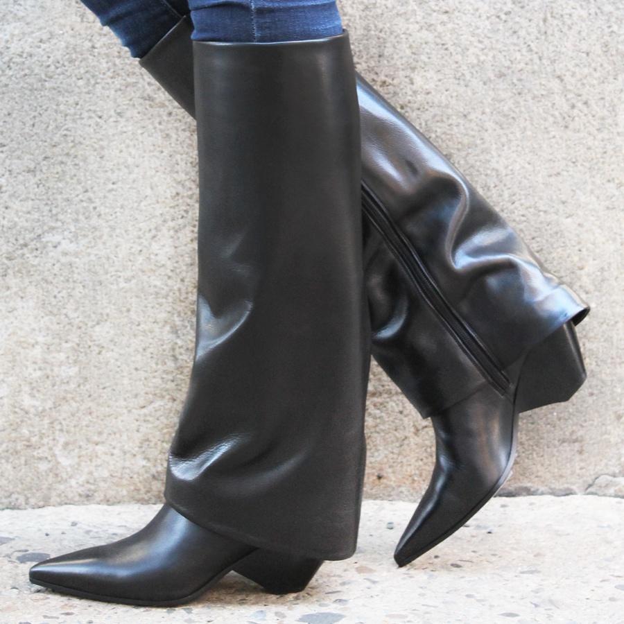 ElenaIachi Black Leather Cuff Boot With 