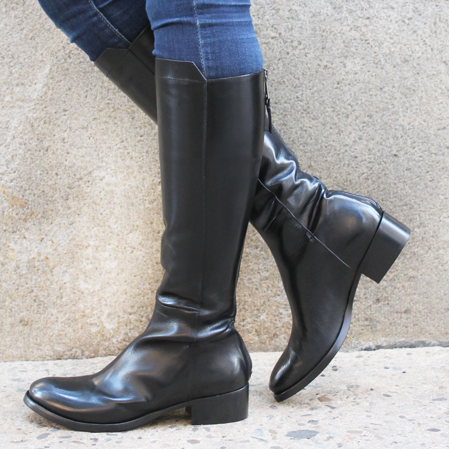 black flat leather booties