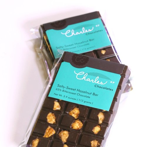 Charles Chocolates Salty-Sweet Hazelnut Bar 65% Bittersweet, San Francisco, CA Charles Chocolates Salty-Sweet Hazelnut Bar 65% Bittersweet, San Francisco, CA