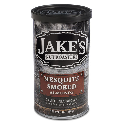 Jake's Mesquite Smoked Almonds 7oz. can, Newman, California Jake's Mesquite Smoked Almonds 7oz. can, Newman, California