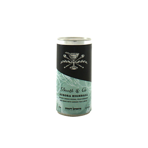 Death & Co "Aurora Highball" Woody Creek Vodka, Pear Brandy & Sake with Green Tea & Mint 200ml Can, Ventura, CA Death & Co "Aurora Highball" Woody Creek Vodka, Pear Brandy & Sake with Green Tea & Mint 200ml Can, Ventura, CA