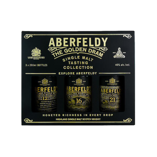 Aberfeldy "Tasting Collection" 12 Years, 16 Years, 21 Years Highland Single Malt Scotch Whisky 3/200ml bottles Aberfeldy "Tasting Collection" 12 Years, 16 Years, 21 Years Highland Single Malt Scotch Whisky 3/200ml bottles