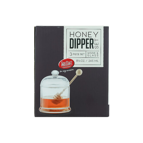 TableCraft Honey Dipper Set, 3 Piece Wood & Glass Set