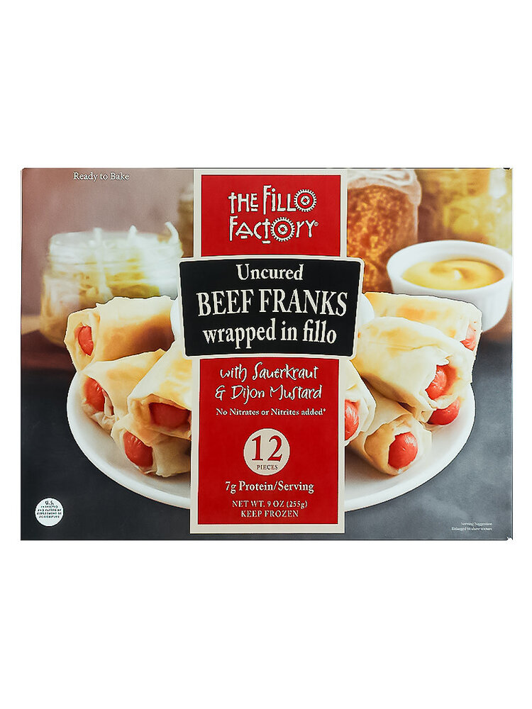 The Fillo Factory Uncured Beef Franks Wrapped In Fillo With Sauerkraut & Dijon Mustard, Northvale, New Jersey