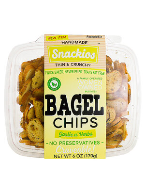 Snackios "Galic n' Herbs" Thin & Crunchy Bagel Chips 6oz Container, New Jersey
