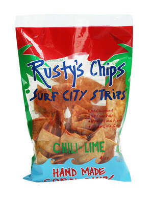 Rusty's Chips "Surf City Strips" Chili Lime Hand Made Corn Chips 4oz Bag, Huntington Beach, California
