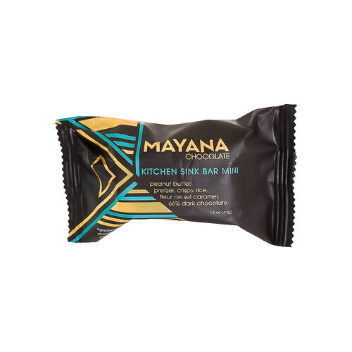 Mayana Chocolate "Kitchen Sink" Peanut Butter, Pretzel, Crispy Rice, Fleur De Sel Caramel, Dark Chocolate 1.5oz Bar, Spooner, Wisconsin Mayana Chocolate "Kitchen Sink" Peanut Butter, Pretzel, Crispy Rice, Fleur De Sel Caramel, Dark Chocolate 1.5oz Bar, Spooner, Wisconsin