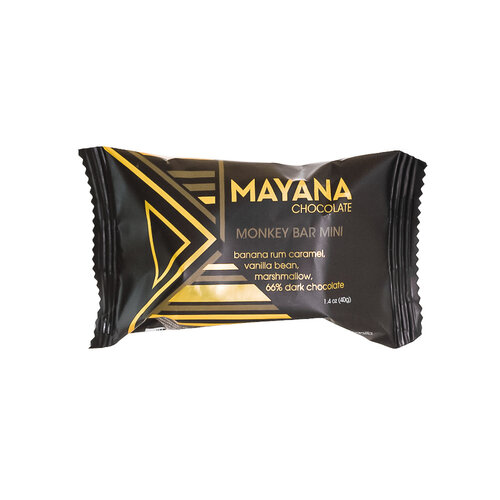 Mayana Chocolate "Monkey Bar" Banana Rum Caramel, Vanilla Bean, Marshmallow, Dark Chocolate 1.4oz Bar, Spooner, Wisconsin Mayana Chocolate "Monkey Bar" Banana Rum Caramel, Vanilla Bean, Marshmallow, Dark Chocolate 1.4oz Bar, Spooner, Wisconsin