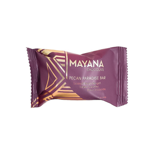 Mayana Chocolate "Pecan Paradise" Toasted Pecan Nougat, Salted Caramel, Dark Chocolate 1.5oz Bar, Spooner, Wisconsin Mayana Chocolate "Pecan Paradise" Toasted Pecan Nougat, Salted Caramel, Dark Chocolate 1.5oz Bar, Spooner, Wisconsin