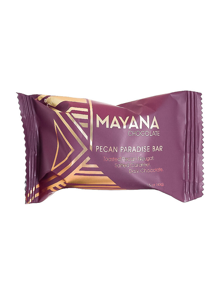 Mayana Chocolate "Pecan Paradise" Toasted Pecan Nougat, Salted Caramel, Dark Chocolate 1.5oz Bar, Spooner, Wisconsin