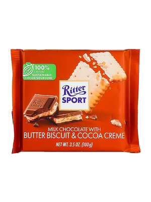 Ritter Sport Milk Chocolate With Butter Biscuit & Cocoa Creme Bar 3.5oz, Germany