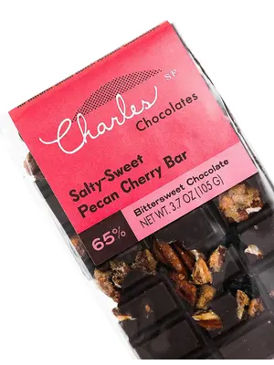Charles Chocolates Salty-Sweet Pecan Cherry Bar 65% Bittersweet Chocolate 3.7oz, San Francisco, California