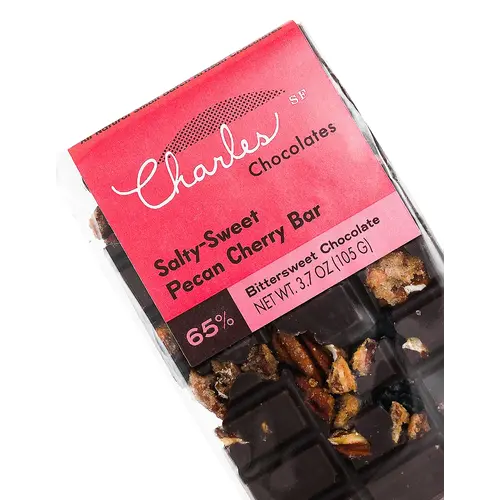 Charles Chocolates Salty-Sweet Pecan Cherry Bar 65% Bittersweet Chocolate 3.7oz, San Francisco, California Charles Chocolates Salty-Sweet Pecan Cherry Bar 65% Bittersweet Chocolate 3.7oz, San Francisco, California