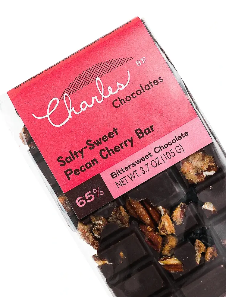 Charles Chocolates Salty-Sweet Pecan Cherry Bar 65% Bittersweet Chocolate 3.7oz, San Francisco, California