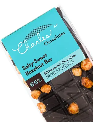Charles Chocolates Salty-Sweet Hazelnut Bar 65% Bittersweet 3.7oz, San Francisco, California