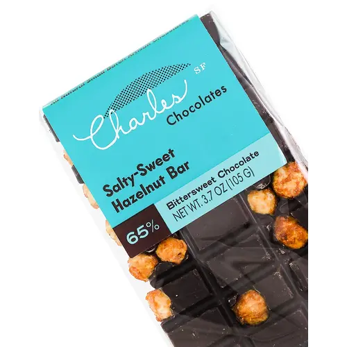 Charles Chocolates Salty-Sweet Hazelnut Bar 65% Bittersweet 3.7oz, San Francisco, California Charles Chocolates Salty-Sweet Hazelnut Bar 65% Bittersweet 3.7oz, San Francisco, California