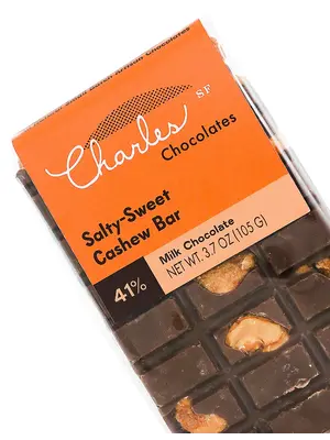 Charles Chocolates Salty-Sweet Cashew Bar 41% MIlk Chocolate 3.7oz, San Francisco, California