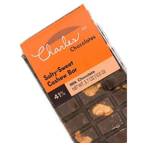 Charles Chocolates Salty-Sweet Cashew Bar 41% MIlk Chocolate 3.7oz, San Francisco, California Charles Chocolates Salty-Sweet Cashew Bar 41% MIlk Chocolate 3.7oz, San Francisco, California