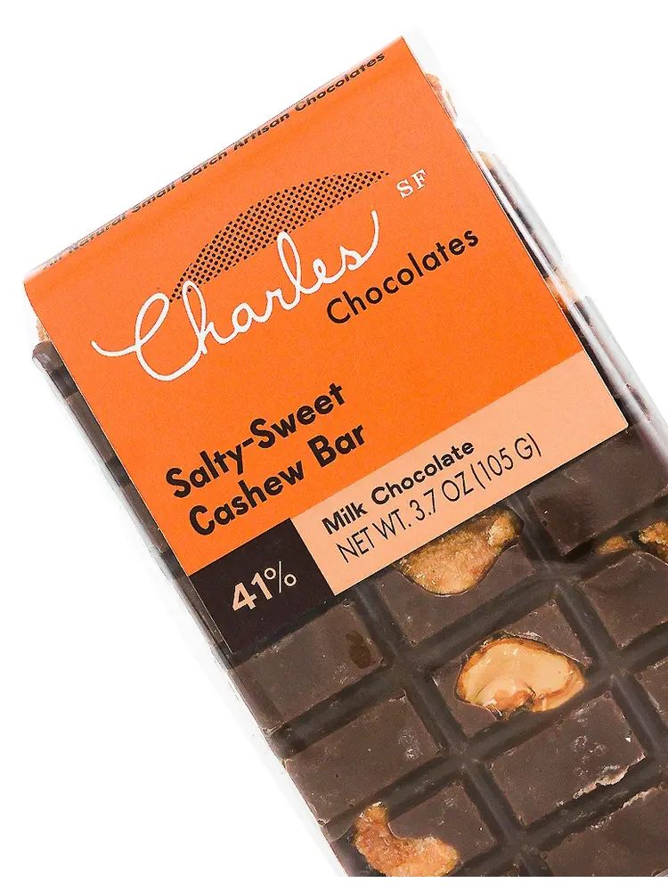 Charles Chocolates Salty-Sweet Cashew Bar 41% MIlk Chocolate 3.7oz, San Francisco, California