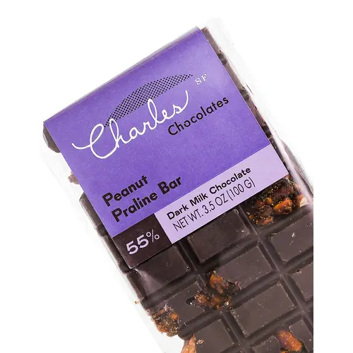 Charles Chocolates Peanut Praline Bar 55% Dark Milk Chocolate 3.5oz, San Francisco, California Charles Chocolates Peanut Praline Bar 55% Dark Milk Chocolate 3.5oz, San Francisco, California