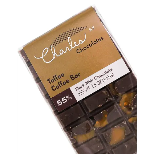Charles Chocolates Toffee Coffee Bar 55% Dark Milk Chocolate 3.5oz, San Francisco, California Charles Chocolates Toffee Coffee Bar 55% Dark Milk Chocolate 3.5oz, San Francisco, California