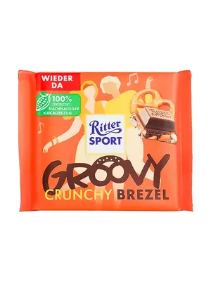 Ritter Sport "Groovy Crunch Brezel" Milk Chocolate With Pretzel Pieces & Cornflakes 3.5oz Bar, Germany