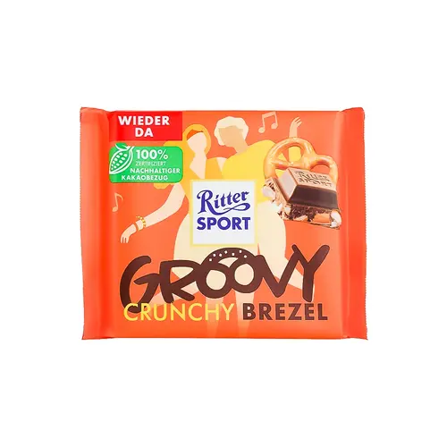 Ritter Sport "Groovy Crunch Brezel" Milk Chocolate With Pretzel Pieces & Cornflakes 3.5oz Bar, Germany Ritter Sport "Groovy Crunch Brezel" Milk Chocolate With Pretzel Pieces & Cornflakes 3.5oz Bar, Germany