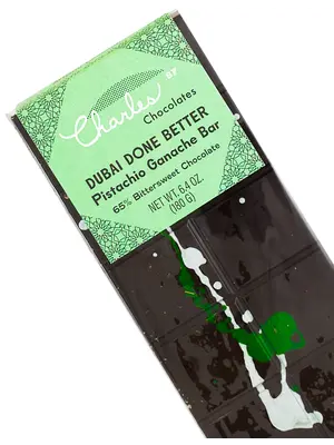 Charles Chocolates - Dubai Done Better Pistachio Ganache 6.4oz Bar, San Francisco, California