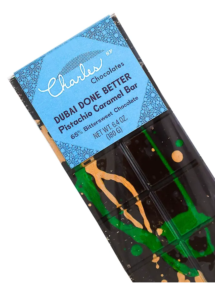Charles Chocolates - Dubai Done Better Pistachio Caramel 6.4oz Bar, San Francisco, California