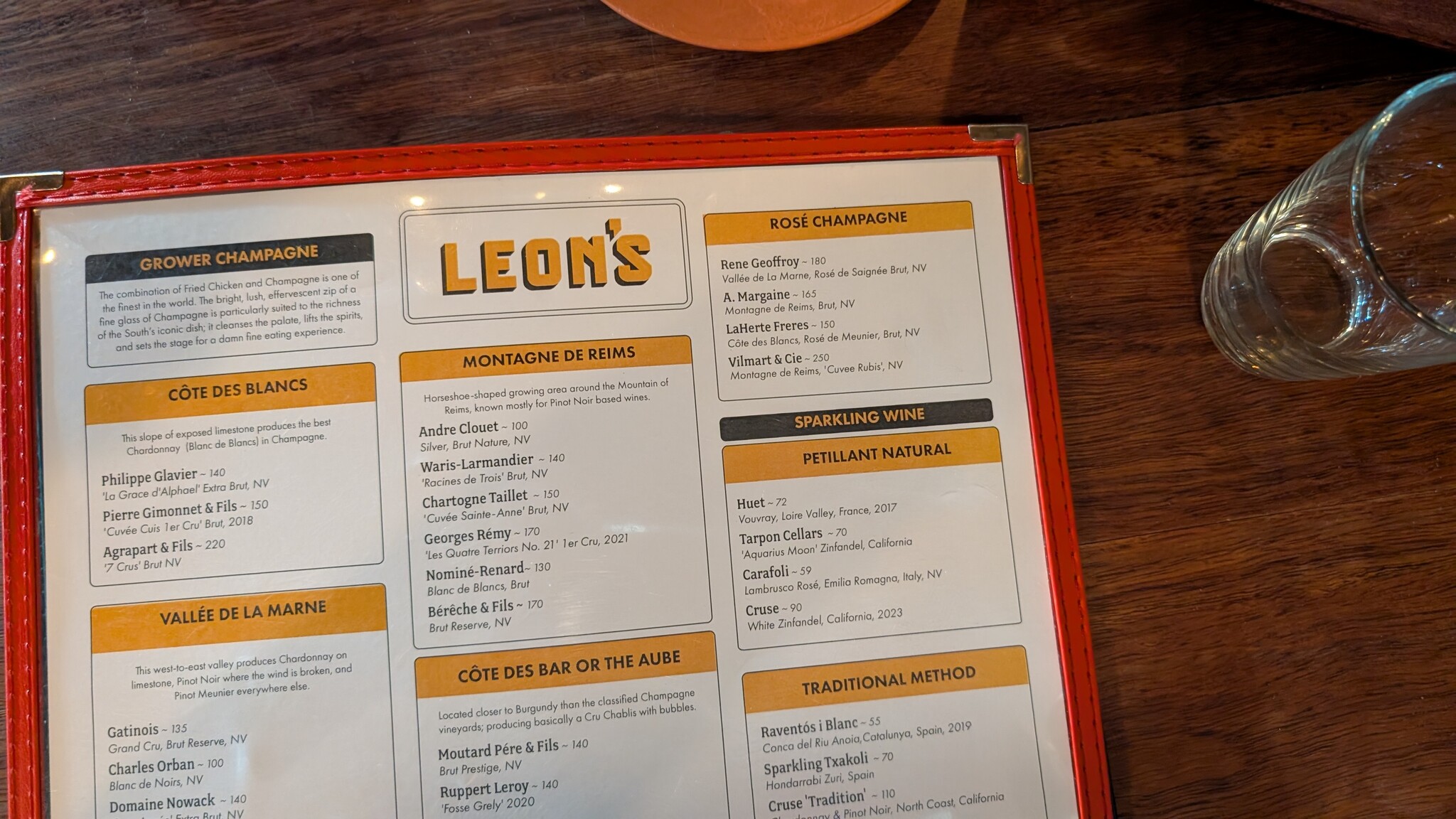 Menu from Leon's in Charelston, SC. It features the grower champagnes that they offer