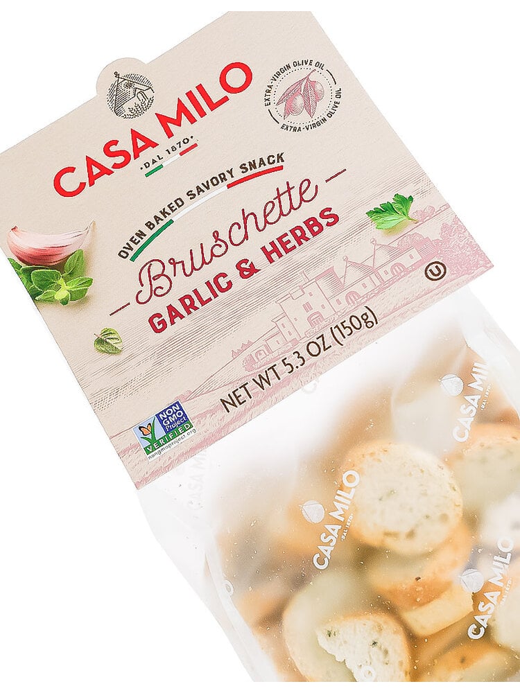 Casa Milo Bruschette "Garlic & Herbs" Traditional Italian Oven Baked Toasts 5.3oz Bag, Italy