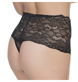 Coquette International Lingerie Mesh High Waisted Thong with Scalloped Stretch Lace Waistband (Black)