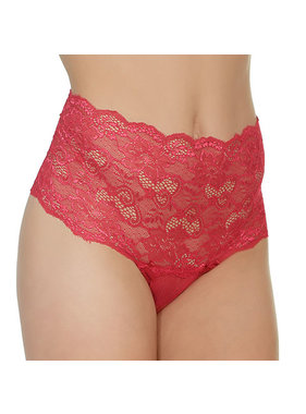 Coquette International Lingerie Mesh High Waisted Thong with Scalloped Stretch Lace Waistband (Red)