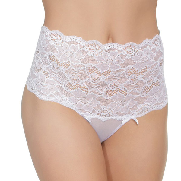 Coquette International Lingerie Mesh High Waisted Thong with Scalloped Stretch Lace Waistband (White)