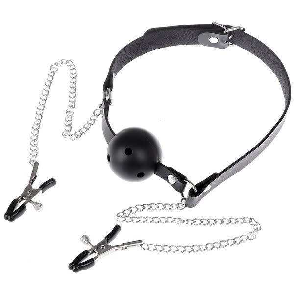 Premium Products Breathable Ball Gag with Nipple Clamps
