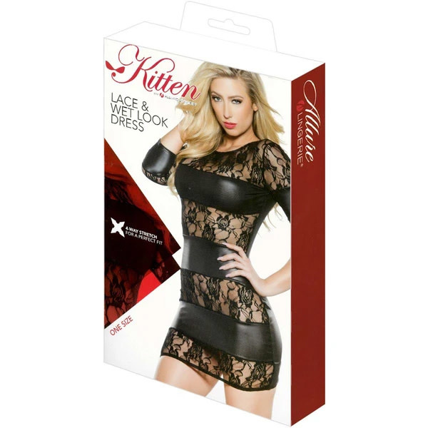 Allure Leather Kitten Long Sleeve Lace & Wetlook Dress