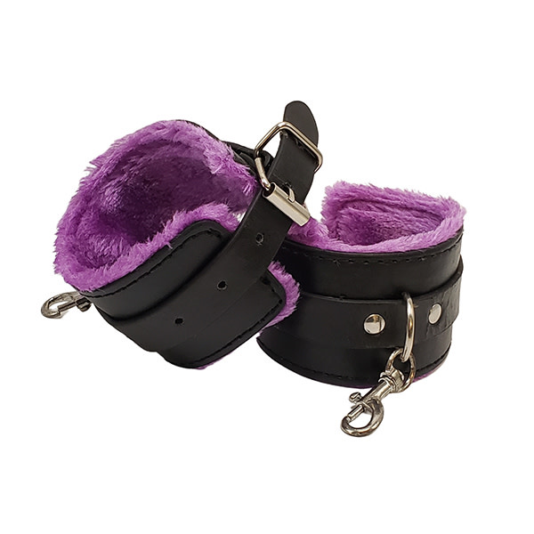 Premium Products Black PU Leather Cuffs with Purple Fur