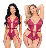 Seven Til Midnight Floral Lace, Open Crotch Teddy w/Removable Garters (Wine)