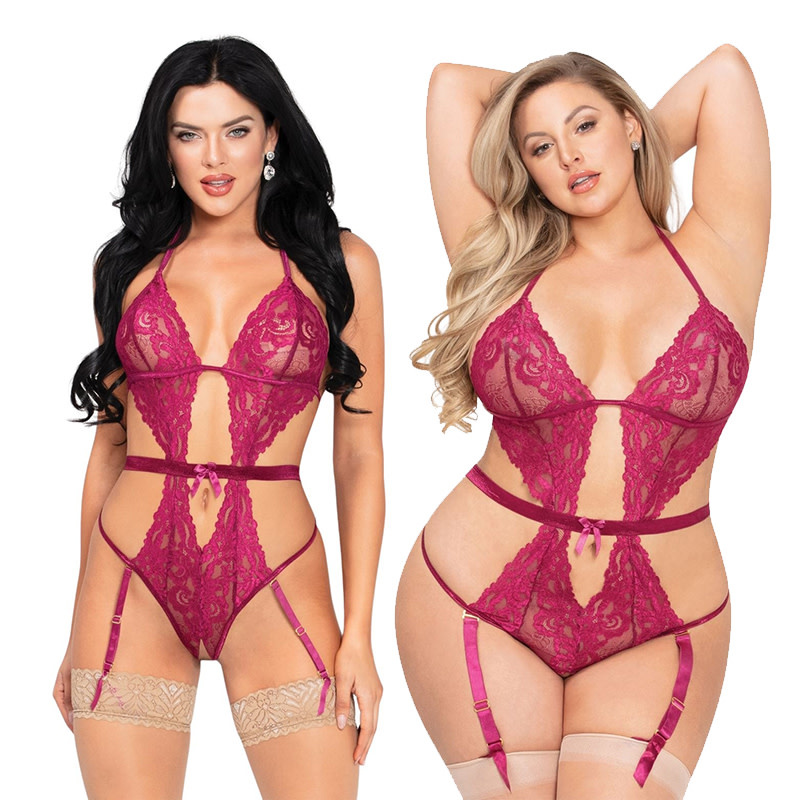 Seven Til Midnight Floral Lace, Open Crotch Teddy w/Removable Garters (Wine)