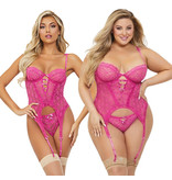 Seven Til Midnight Stretch Floral Lace Bustier & G-String (Fuchsia)