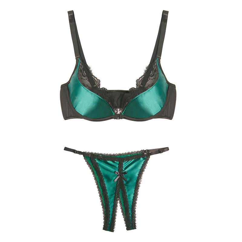 Coquette International Lingerie Green Lace & Satin Bra and Crotchless Panty Set