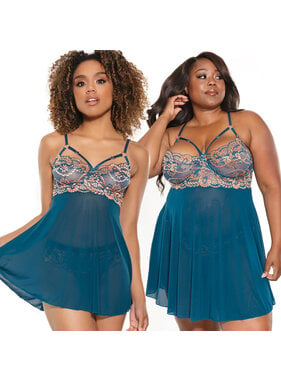 Coquette International Lingerie Rose Gold Metallic Lace & Teal Mesh Babydoll
