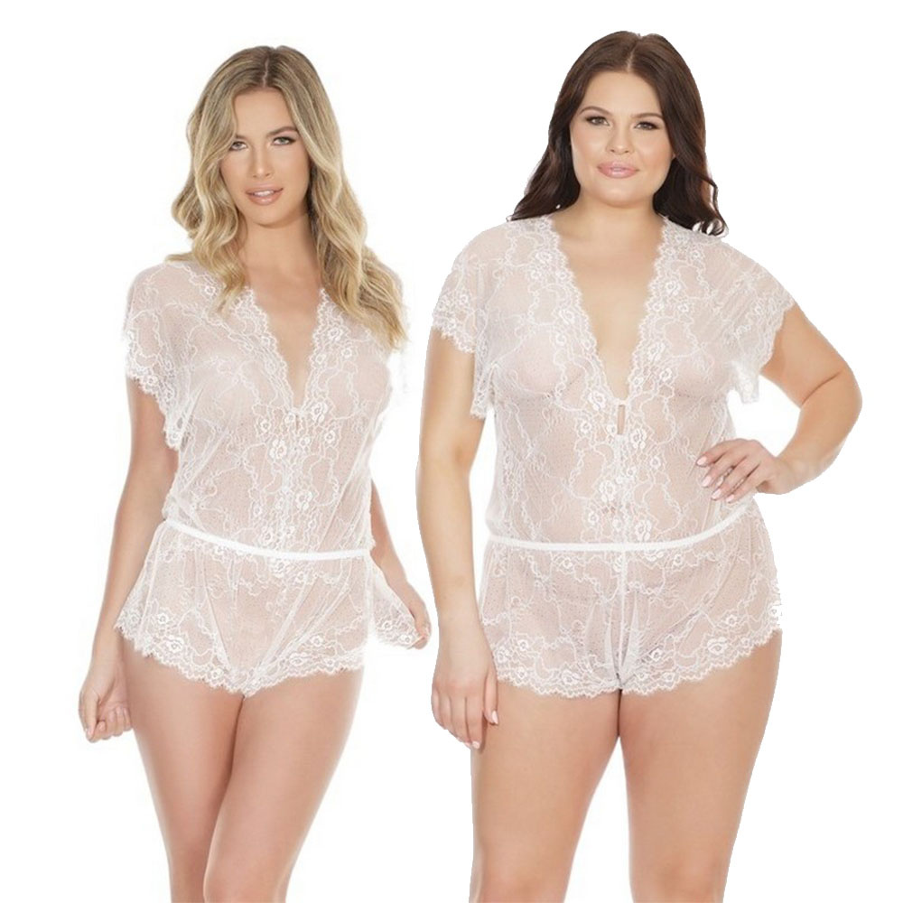 Coquette International Lingerie Lace Romper with Button Up Front V-Neck (White)