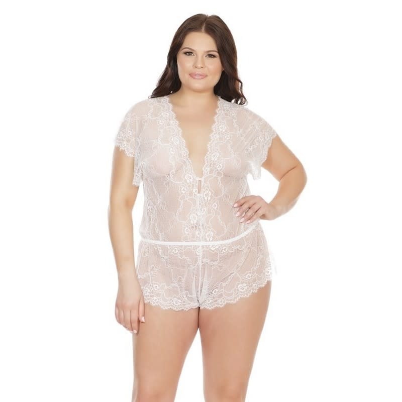 Coquette International Lingerie Lace Romper with Button Up Front V-Neck (White)