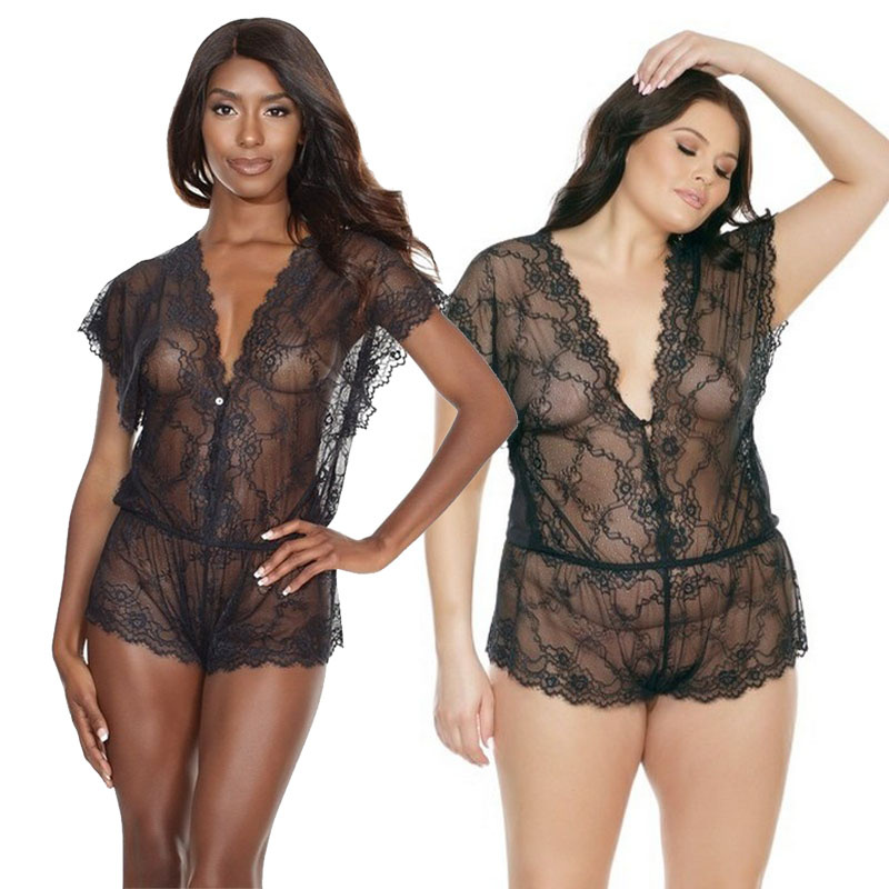 Coquette International Lingerie Lace Romper with Button Up Front V-Neck (Black)