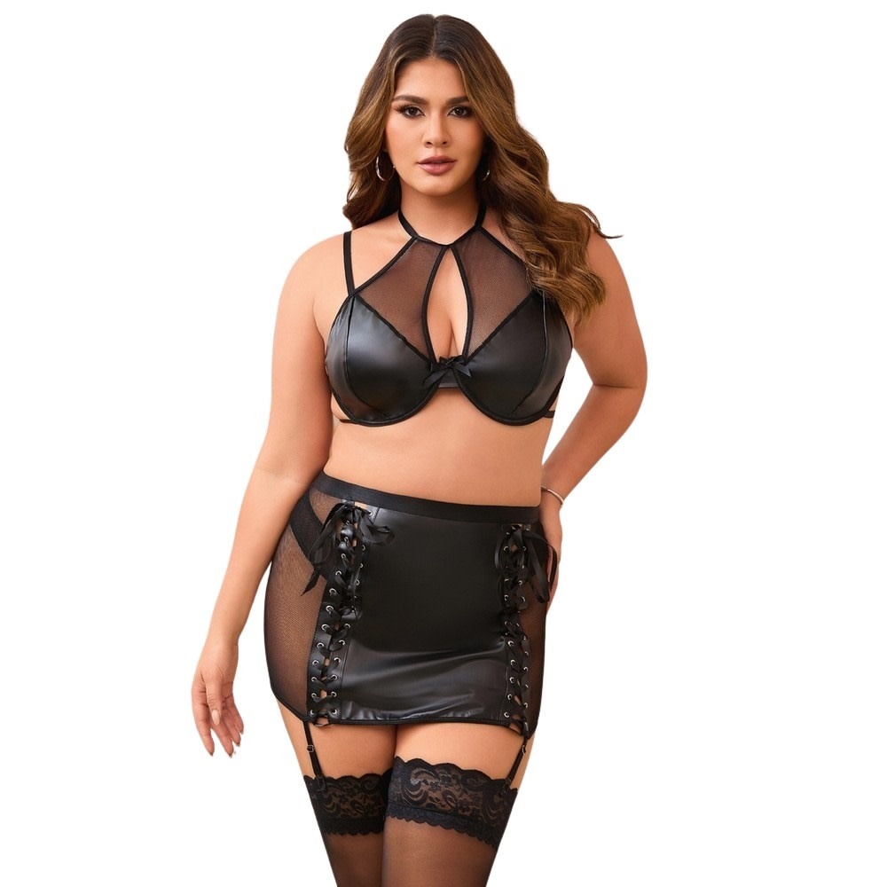 Wetlook Keyhole Halter Bra and Garter Skirt Set