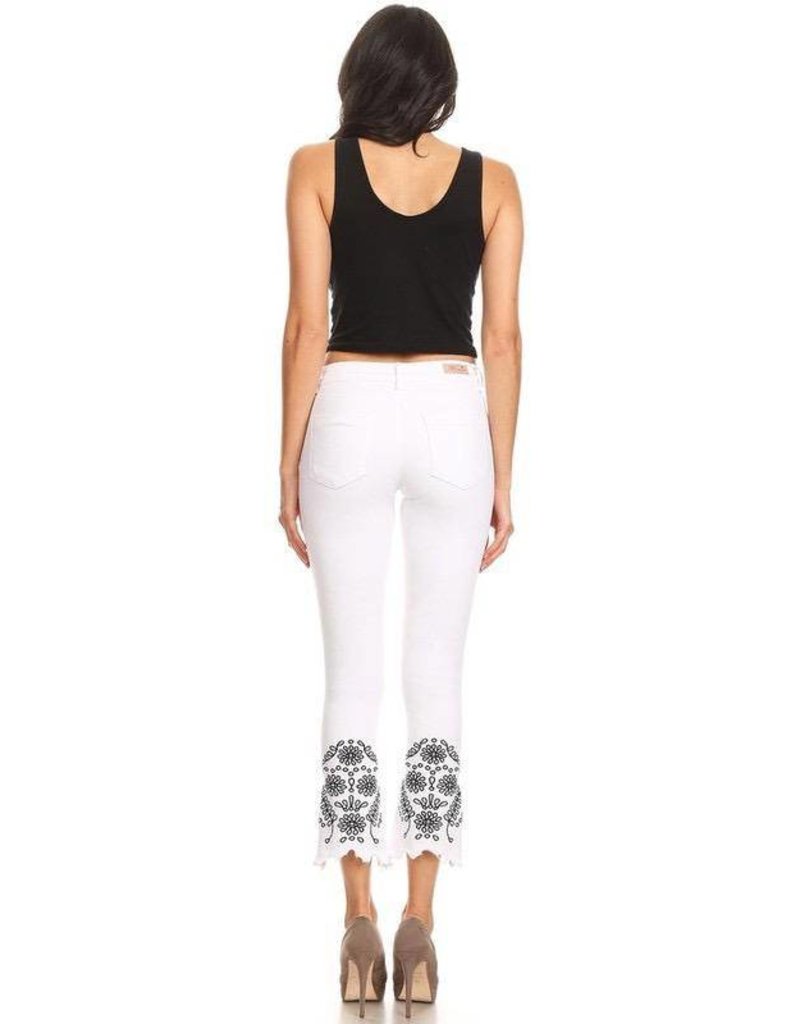 Jeans-Cropped, Flared Hems w/Floral Embroidery