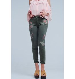 Q2 Clothing Jeans-Khaki with Emb Flowers