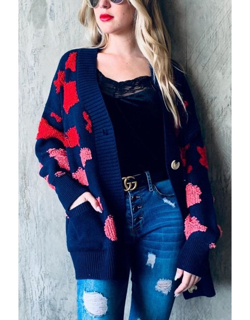 And The Why Cardigan Sweater, Oversized Fit, Pink & Red Animal Print